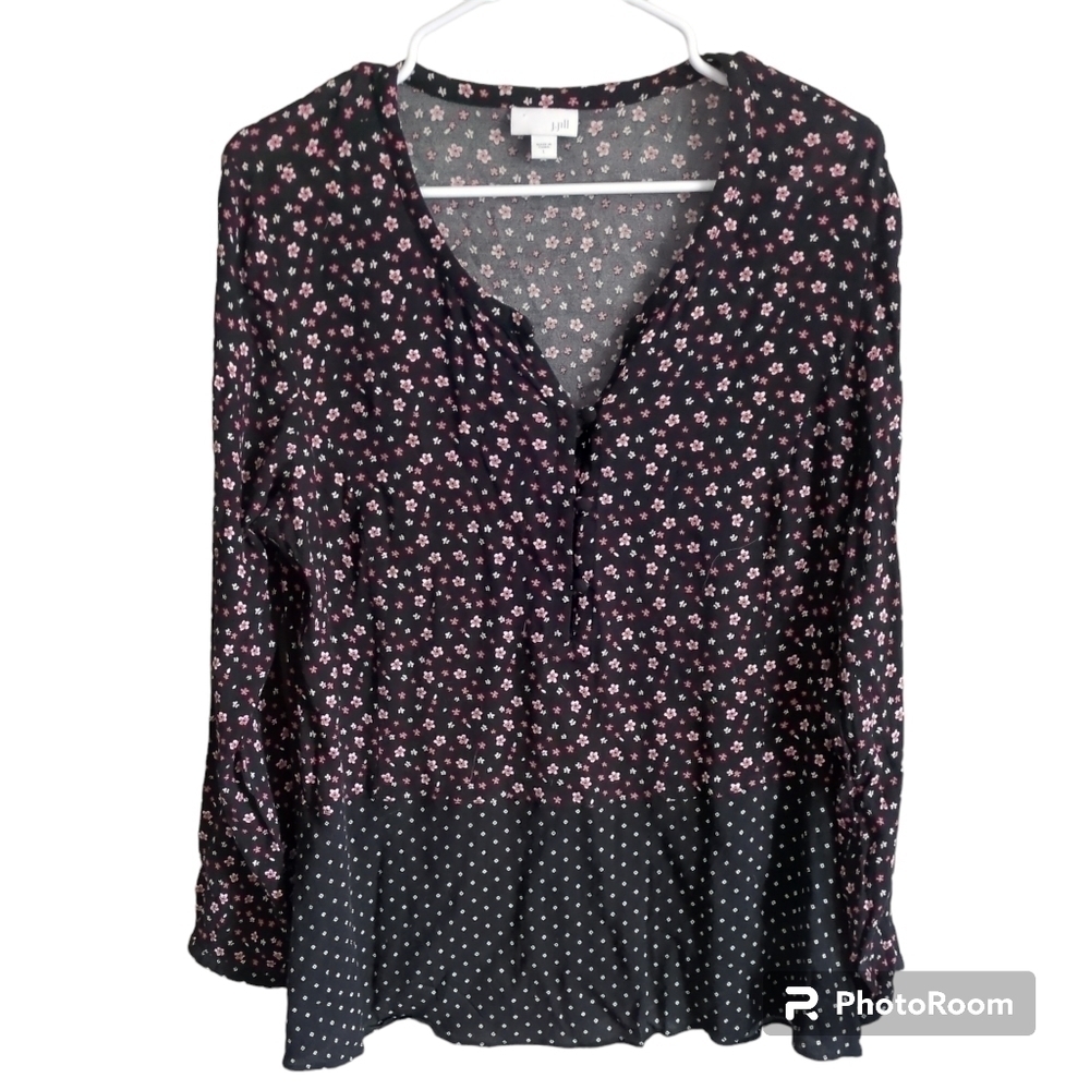J. Jill Black & Pink Floral Polka Dot Mixed Print Long Sleeve Blouse‎ Size Large